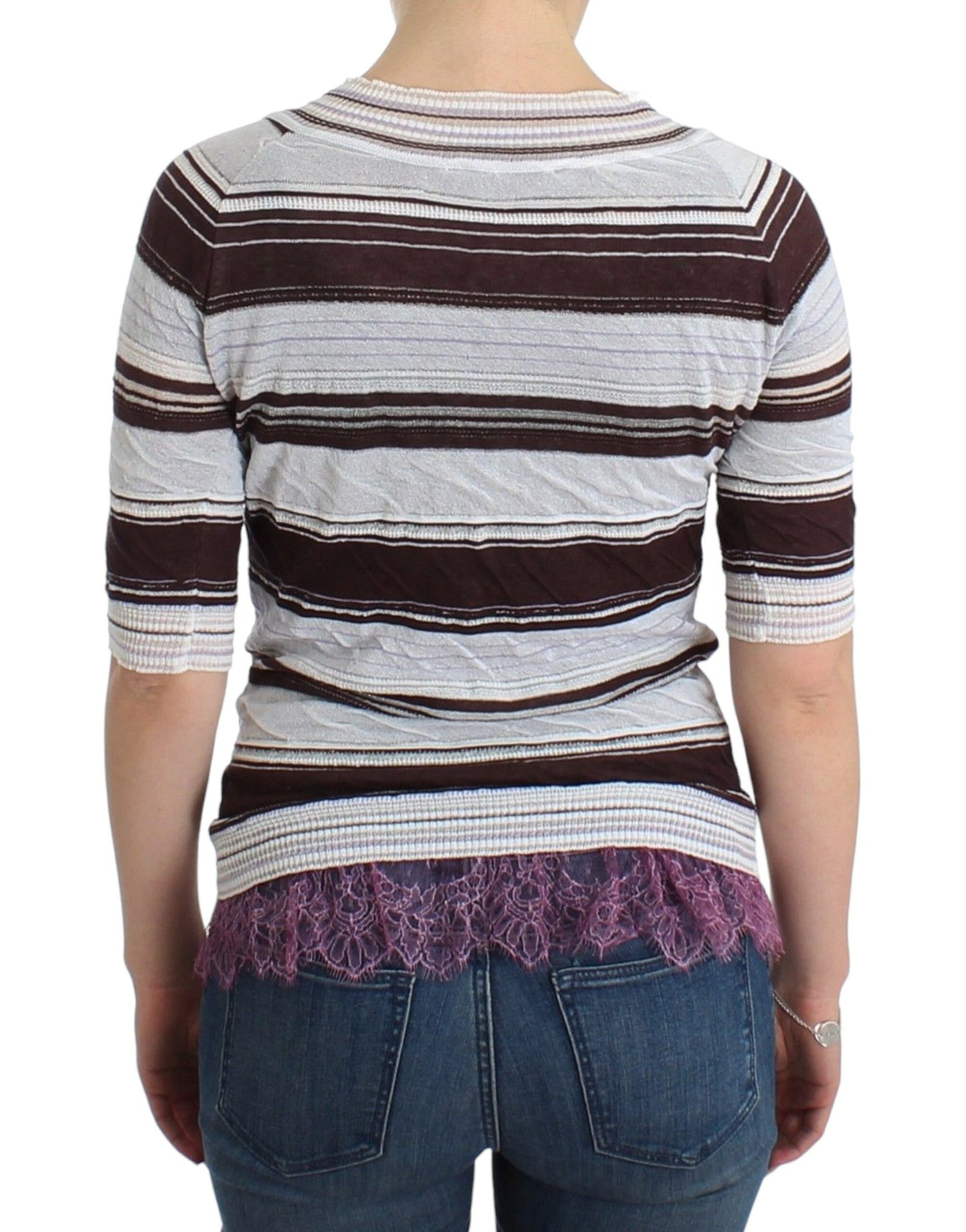 Ermanno Scervino Gestreiftes Spitzen-Top mit V-Ausschnitt und kurzen Ärmeln Pullover