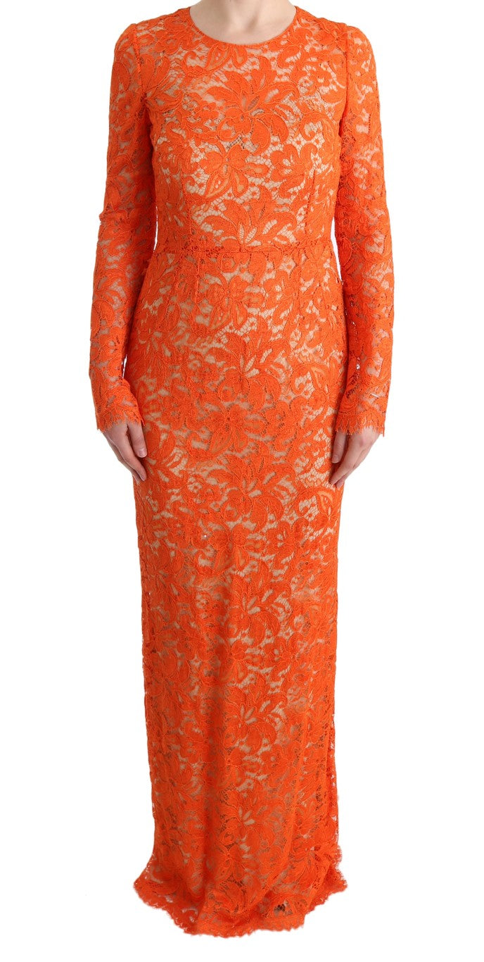 Dolce & Gabbana Orangefarbenes geblümtes langes Ricamo Etuikleid