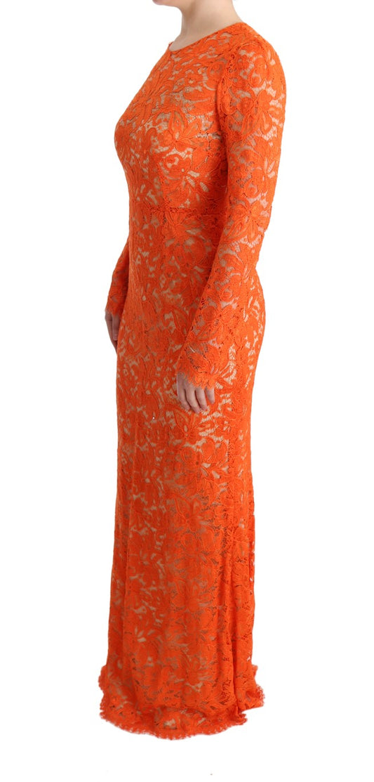 Dolce & Gabbana Orangefarbenes geblümtes langes Ricamo Etuikleid