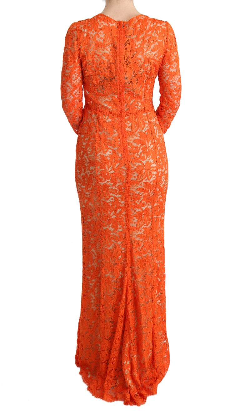 Dolce & Gabbana Orangefarbenes geblümtes langes Ricamo Etuikleid