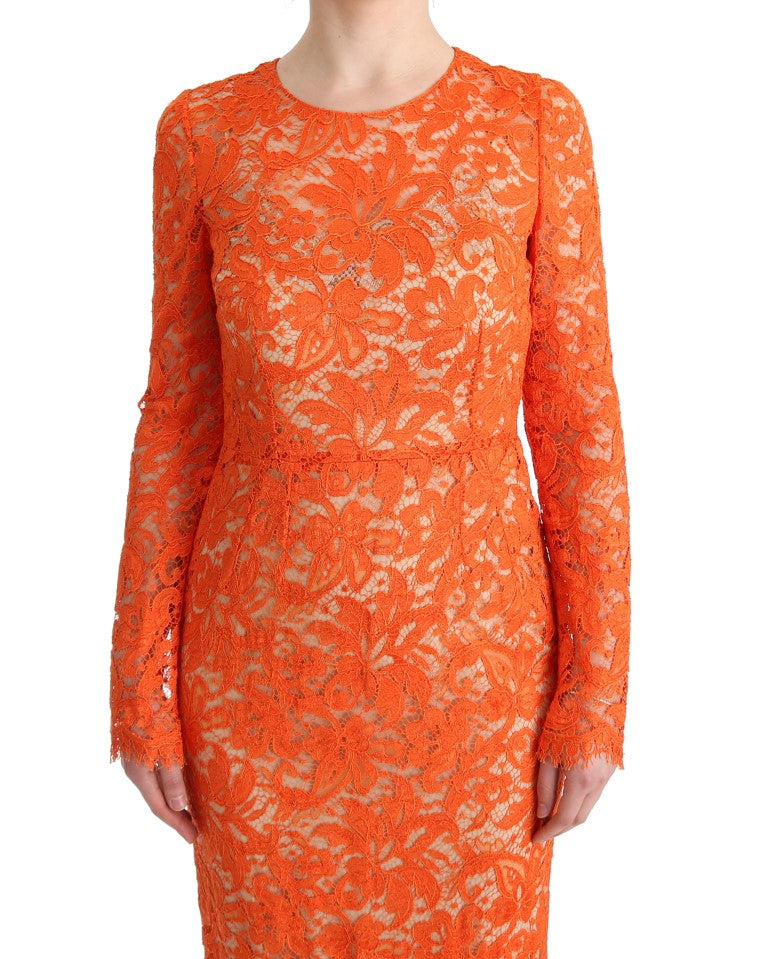 Dolce & Gabbana Orangefarbenes geblümtes langes Ricamo Etuikleid