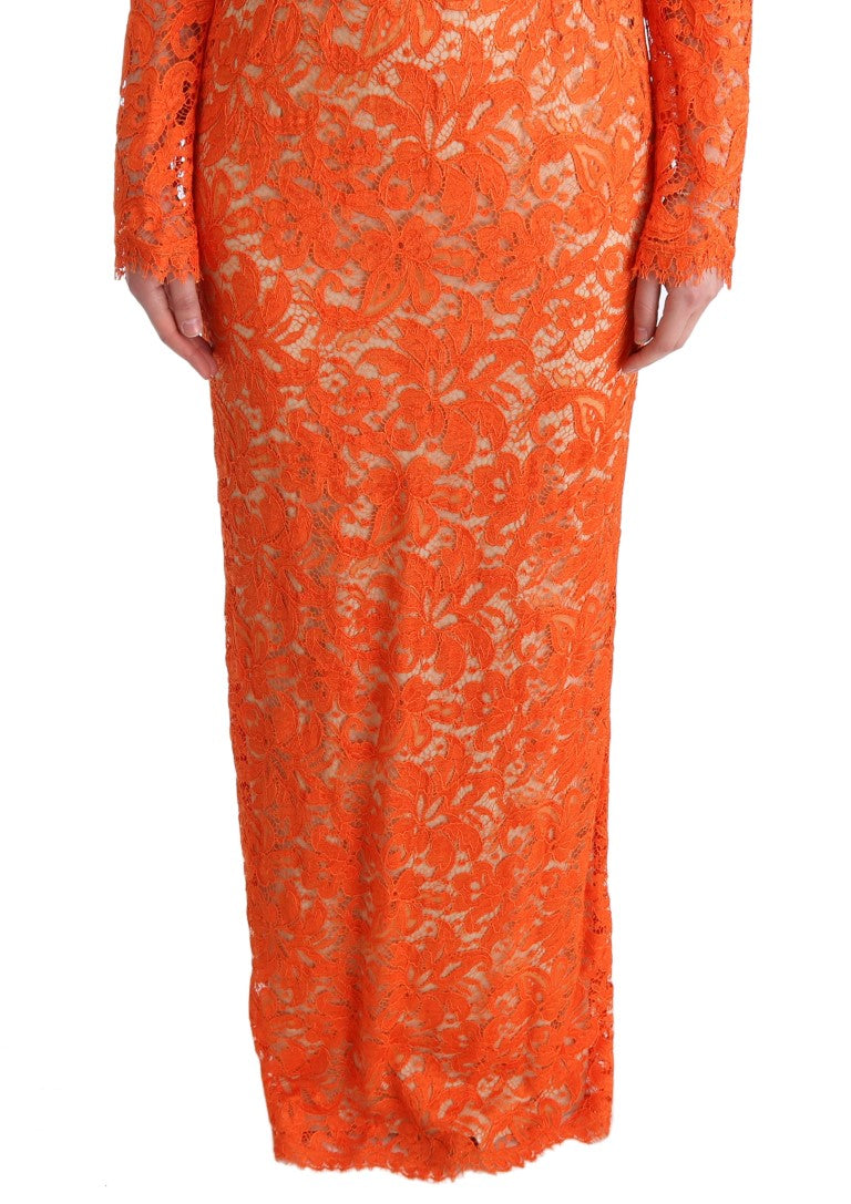Dolce & Gabbana Orangefarbenes geblümtes langes Ricamo Etuikleid
