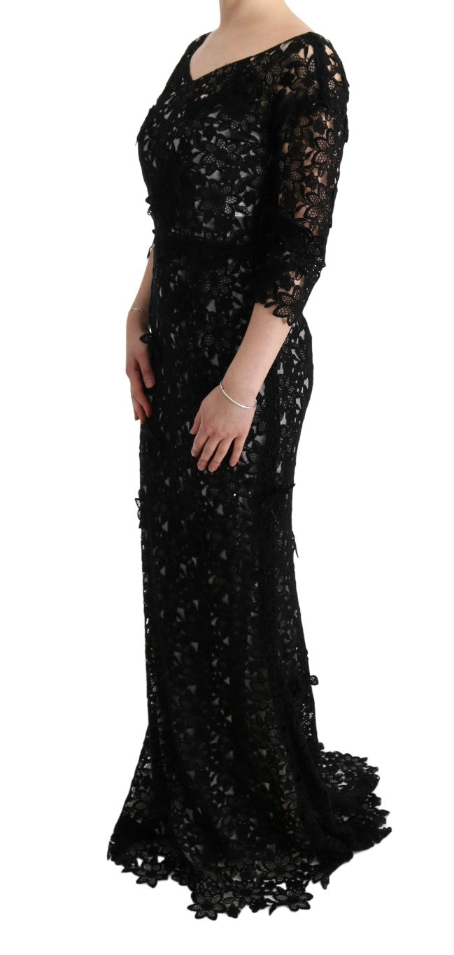 Dolce & Gabbana Schwarzes geblümtes langes Kleid aus Baumwollseide