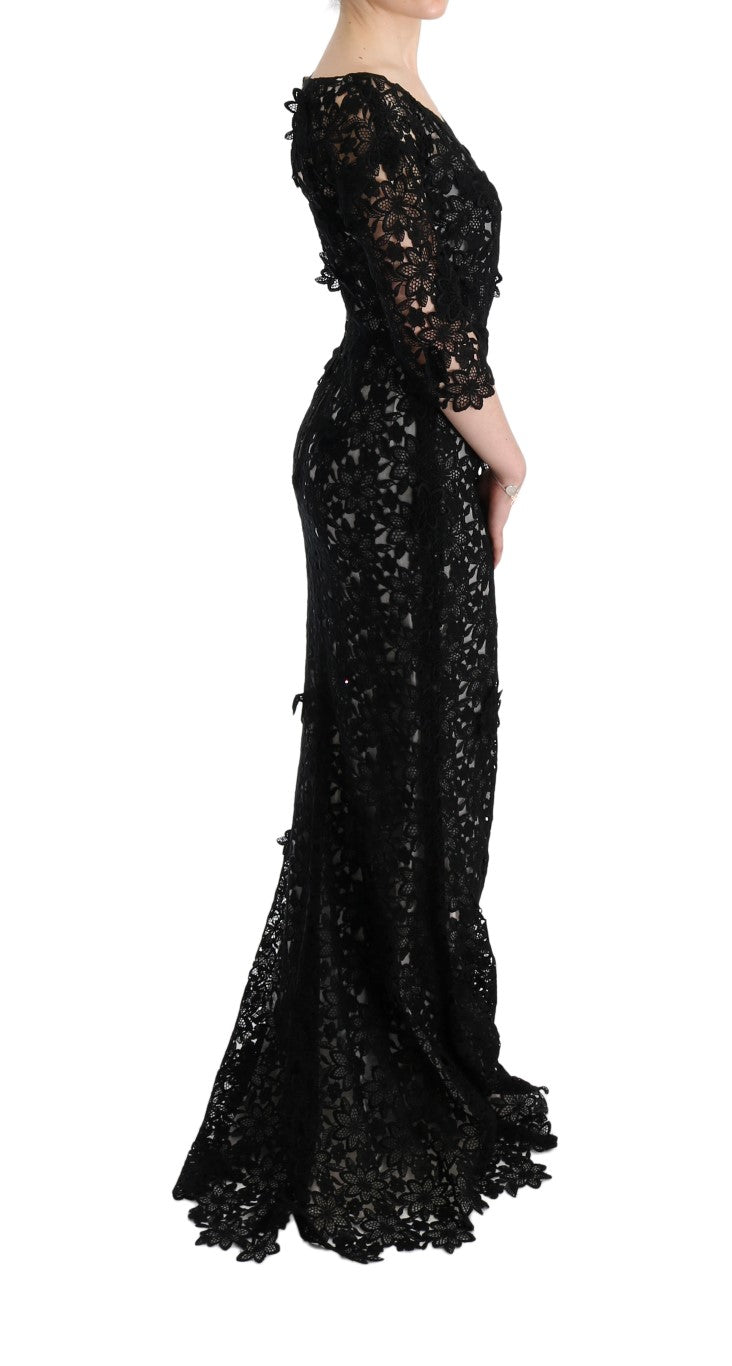 Dolce & Gabbana Schwarzes geblümtes langes Kleid aus Baumwollseide