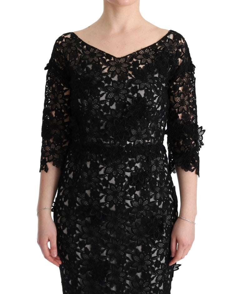 Dolce & Gabbana Schwarzes geblümtes langes Kleid aus Baumwollseide