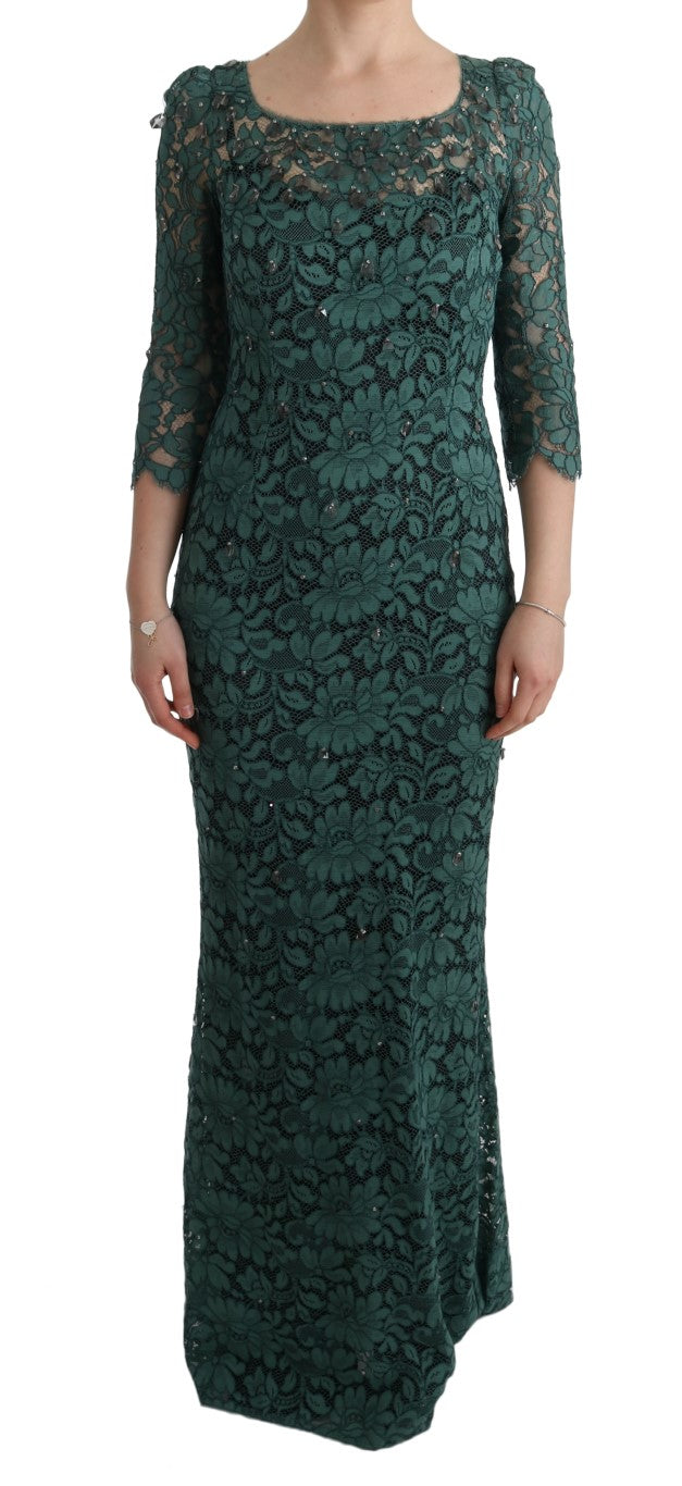 Dolce & Gabbana Grünes geblümtes Crystal Ricamo Etuikleid