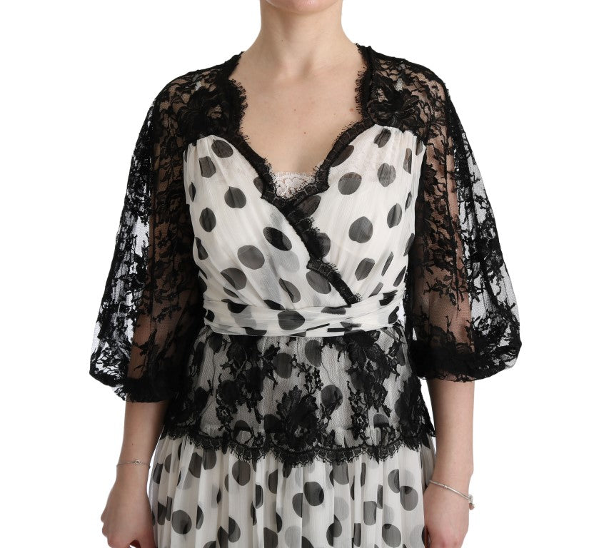 Dolce & Gabbana Schwarz-weiß gepunktetes Kleid mit Blumenmuster