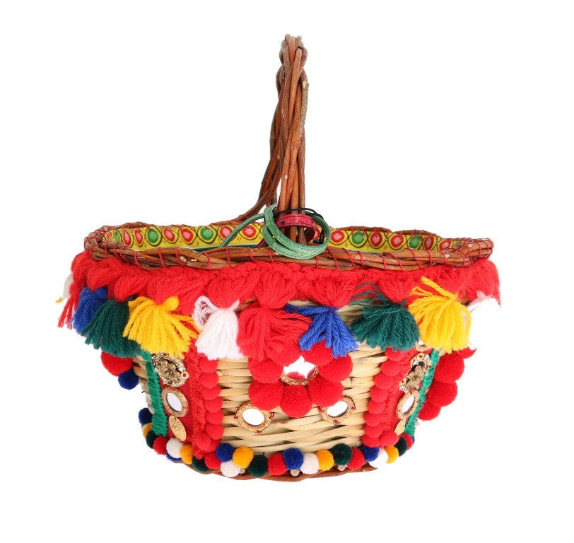Dolce & Gabbana Multicolor AGNESE Stroh Kristall Pom Pom Tasche