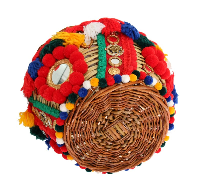 Dolce & Gabbana Multicolor AGNESE Stroh Kristall Pom Pom Tasche