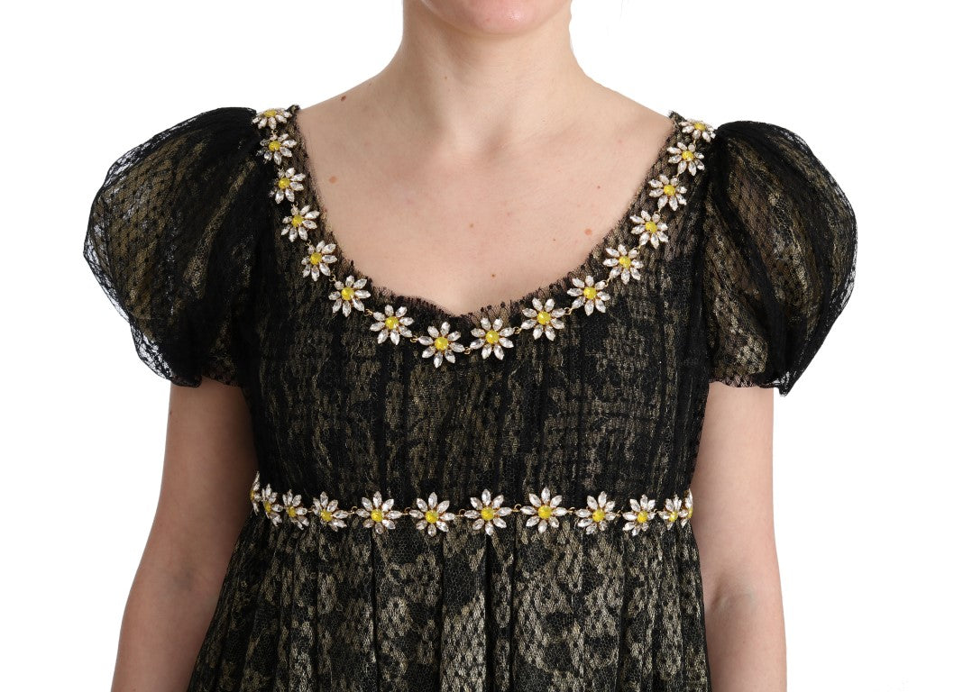 Dolce & Gabbana Schwarz-Gelbes Kristall-Spitzen-Shiftkleid