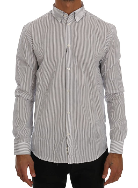 Frankie Morello Weiß-blau gestreiftes Casual Cotton Regular Fit Hemd