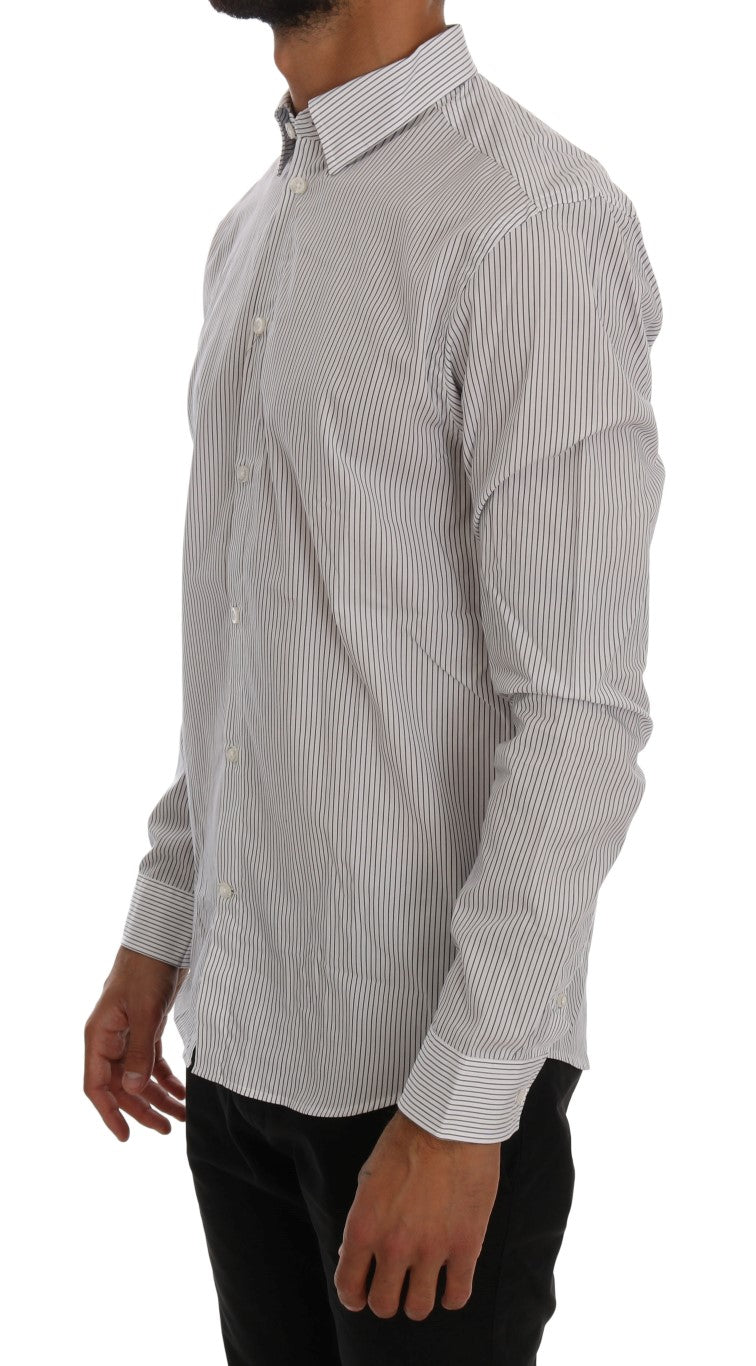 Frankie Morello Weiß-blau gestreiftes Casual Cotton Regular Fit Hemd
