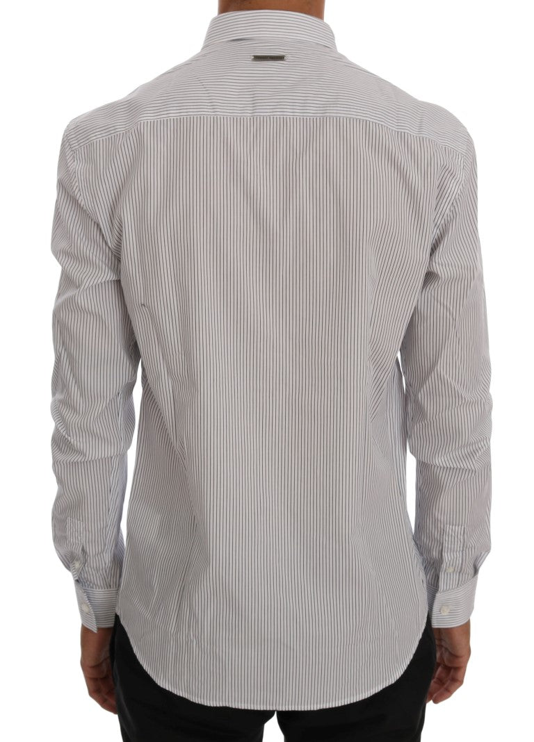 Frankie Morello Weiß-blau gestreiftes Casual Cotton Regular Fit Hemd