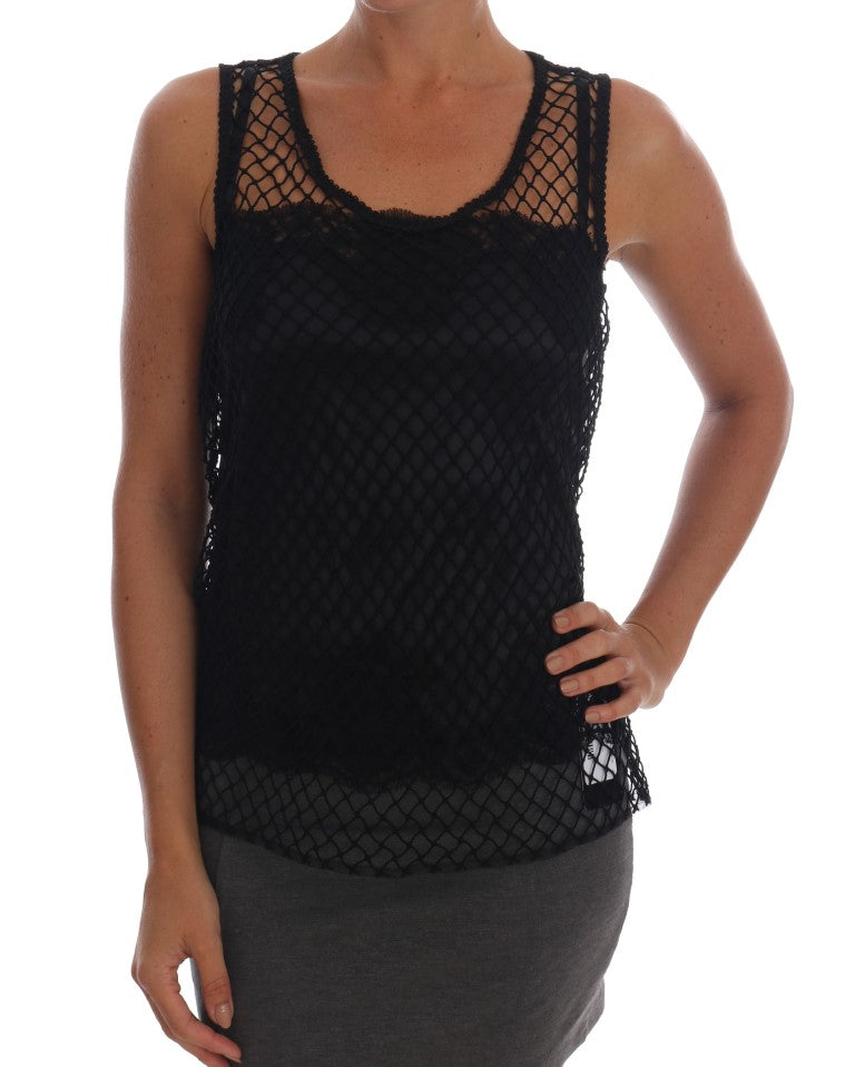 Dolce & Gabbana Schwarzes Seidennetz-Top mit floraler Spitze