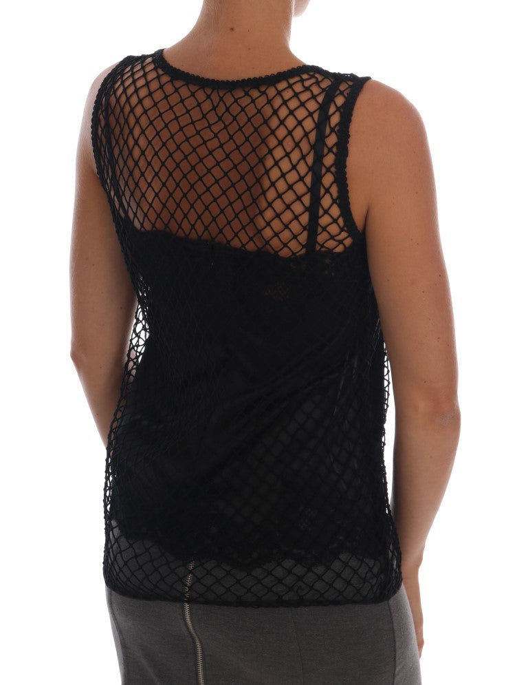 Dolce & Gabbana Schwarzes Seidennetz-Top mit floraler Spitze