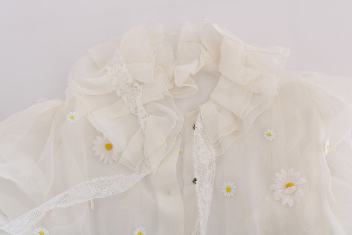 Dolce & Gabbana Weißes Seidenhemd mit Gänseblümchen-Applikationen