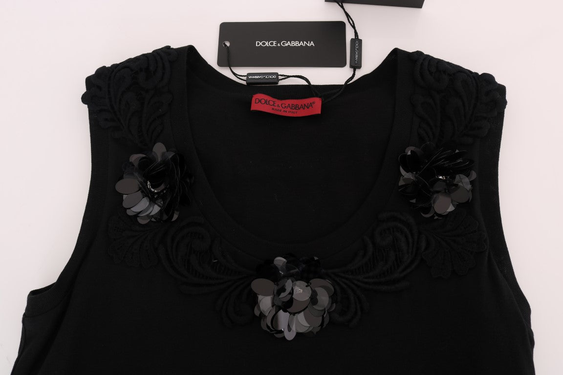 Dolce & Gabbana Schwarzes Baumwoll-Tank-Top mit geblümten Kristallen