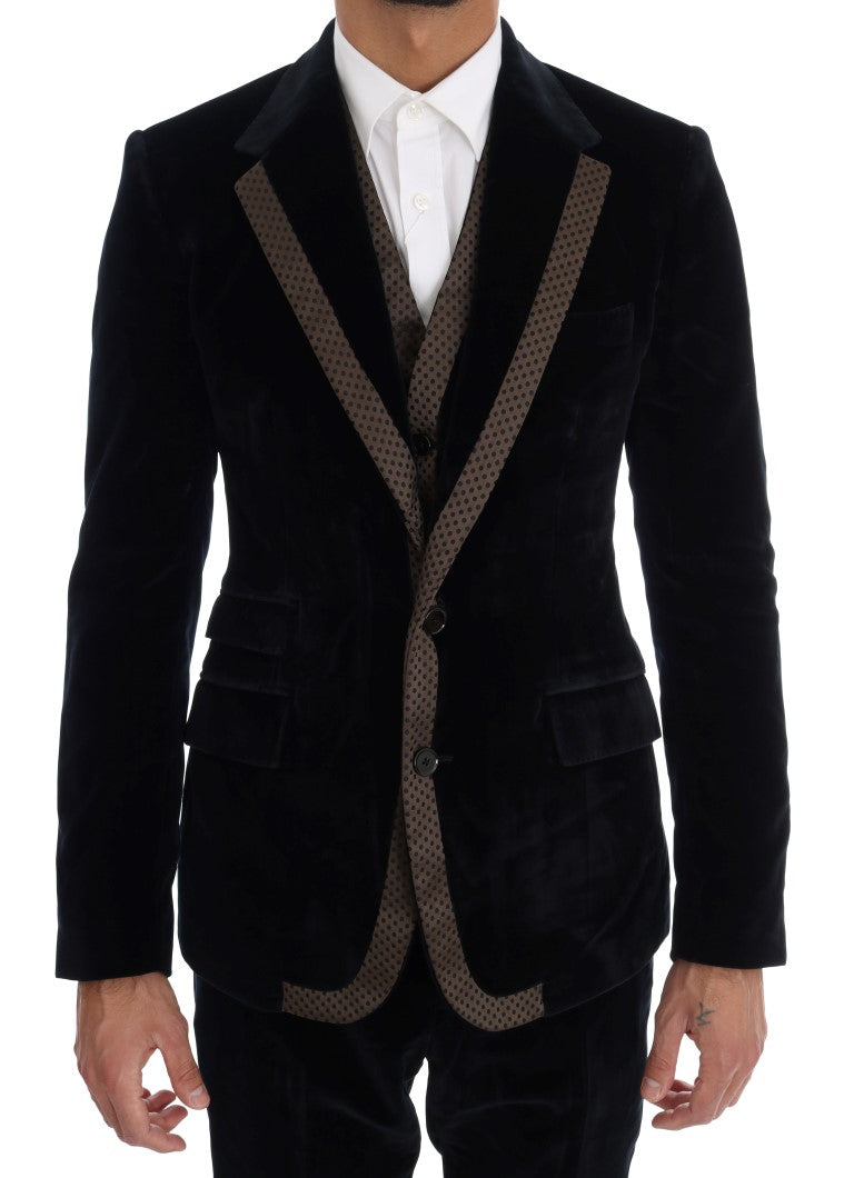 Dolce & Gabbana Blauer Samtanzug mit zwei Knöpfen, schlank, 3-teilig
