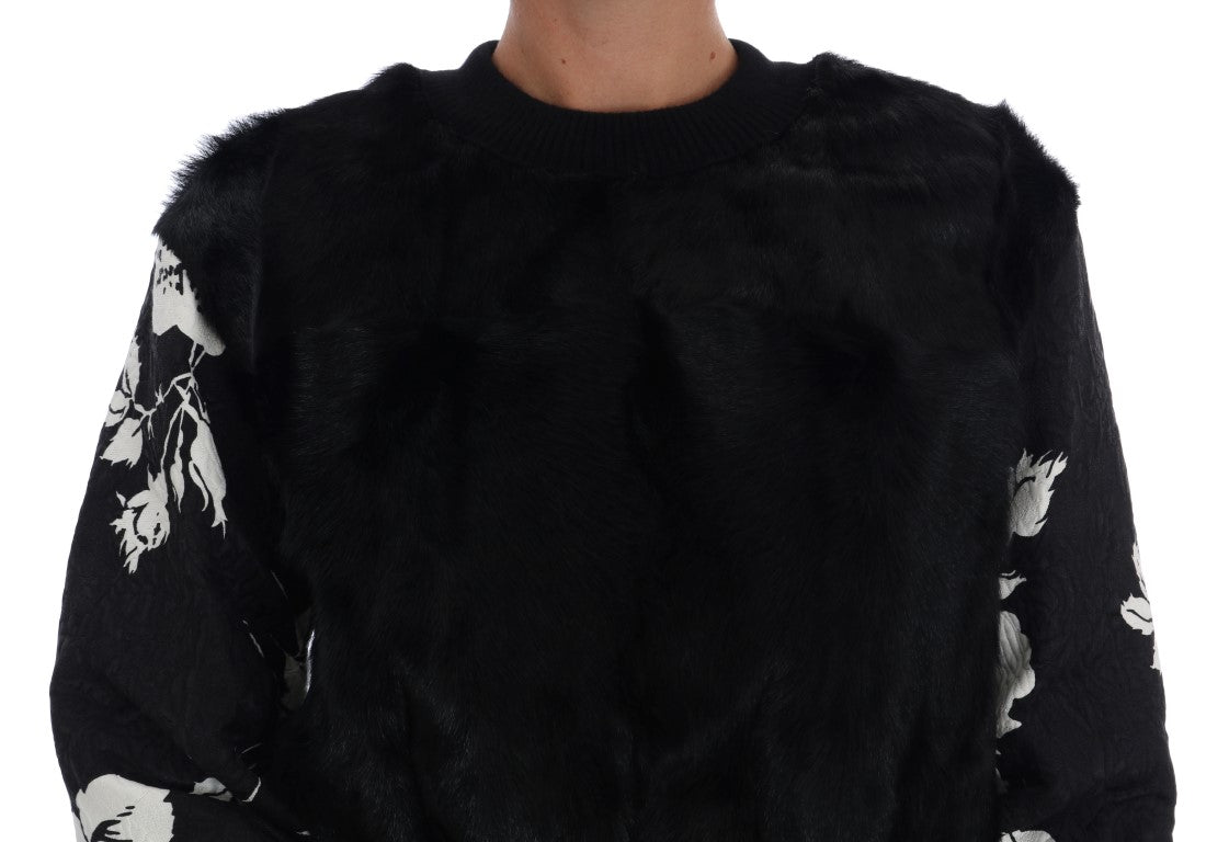 Dolce & Gabbana Schwarzer Pelz Floral Brokat Zipper Pullover