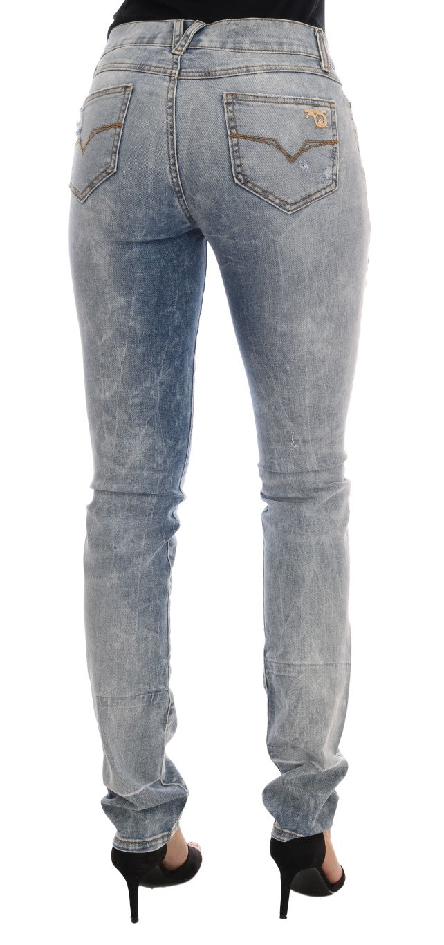 Versace Jeans Blaue Waschung Zerrissene Stretch Slim Fit Jeans