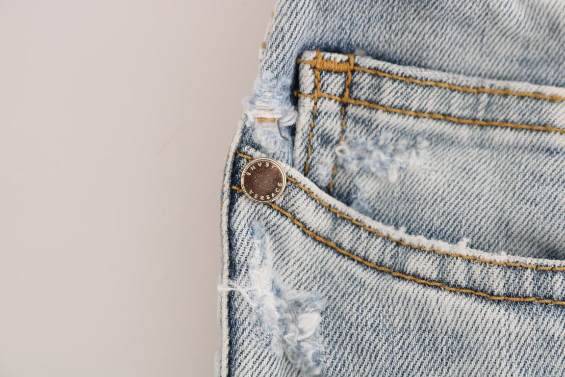 Versace Jeans Blaue Waschung Zerrissene Stretch Slim Fit Jeans