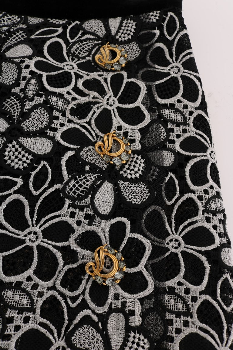 Dolce & Gabbana Floraler Makramee-Spitzen-Kristall-Knopf-Rock