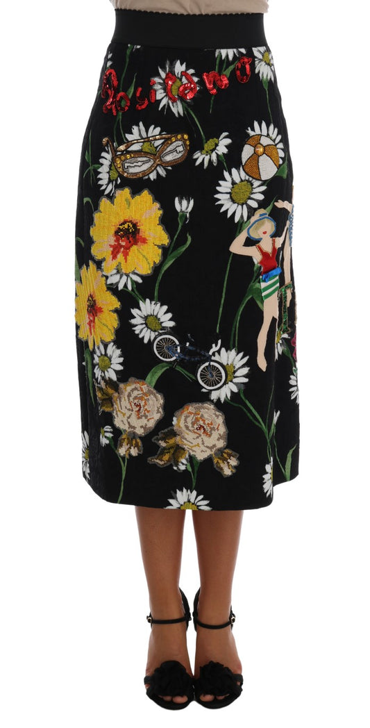 Dolce & Gabbana Schwarzer verzierter Gänseblümchen-Brokat-Rock