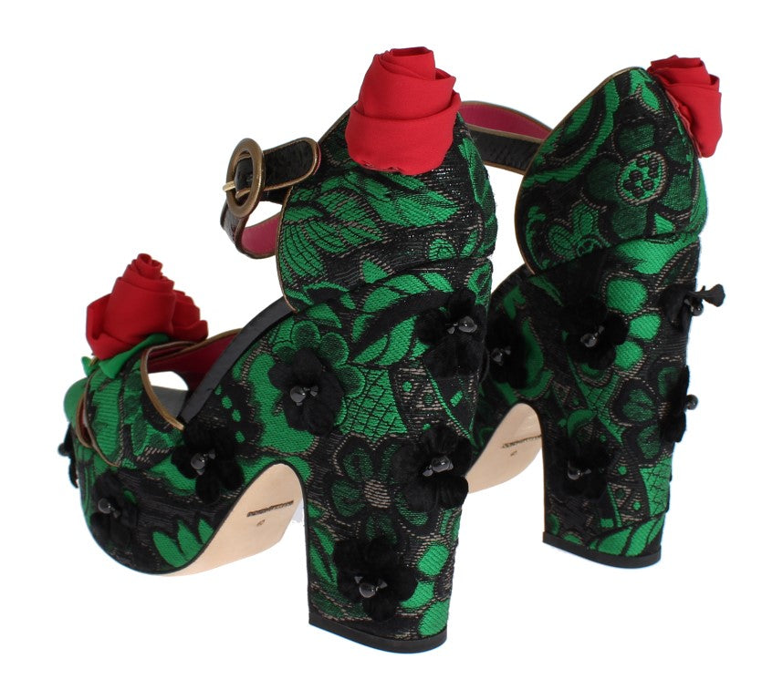 Dolce & Gabbana Grüner Brokat Schlangenleder Rosen Kristall Schuhe