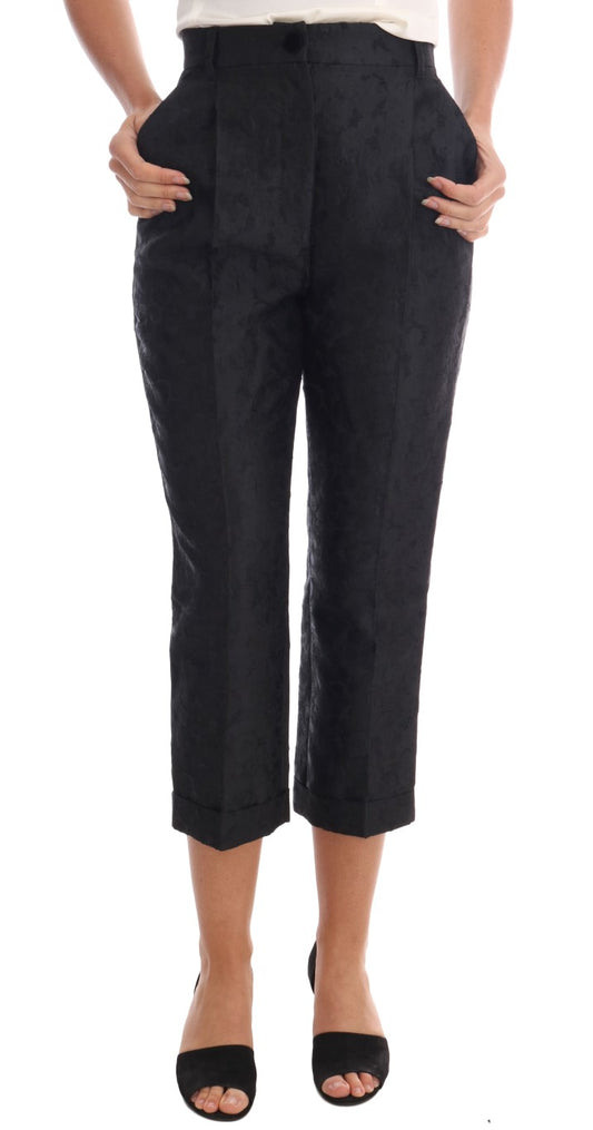 Dolce & Gabbana Schwarze Caprihose aus Brokat mit Blumenmuster