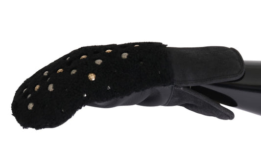 Dolce & Gabbana Schwarze Leder-Shearling-Handschuhe mit Nieten
