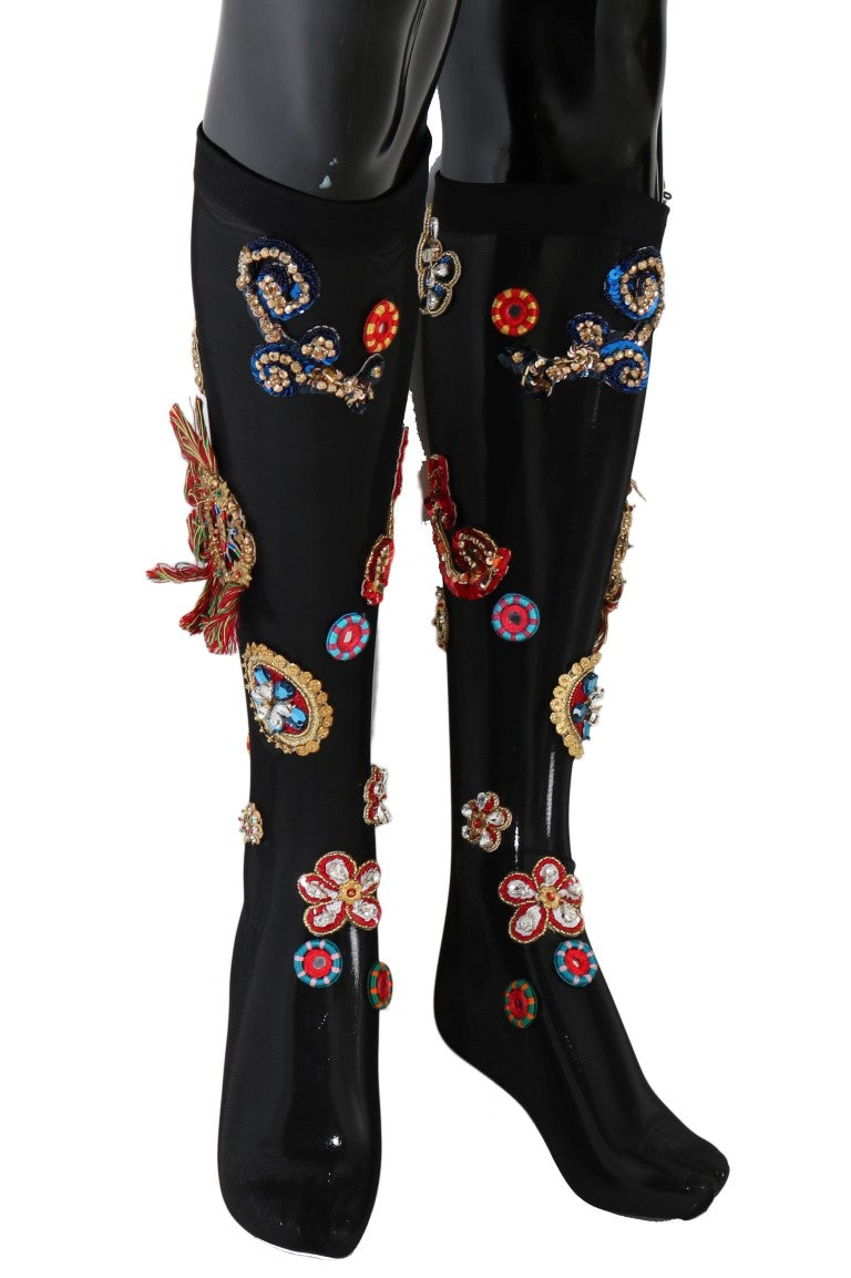 Dolce & Gabbana Schwarze Stretch Carretto Crystal Socken