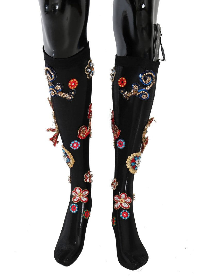 Dolce & Gabbana Schwarze Stretch Carretto Crystal Socken