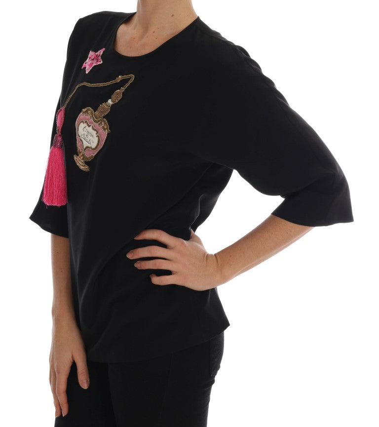 Dolce & Gabbana Schwarzes Seiden-Märchen-Top Kristallbluse