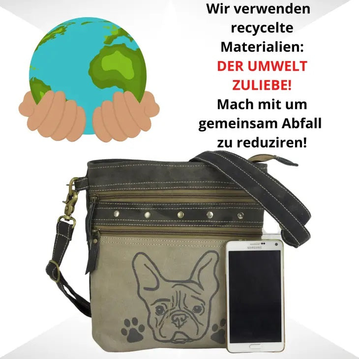 Vintage Umhängetasche aus Canvas mit Hundemotiv