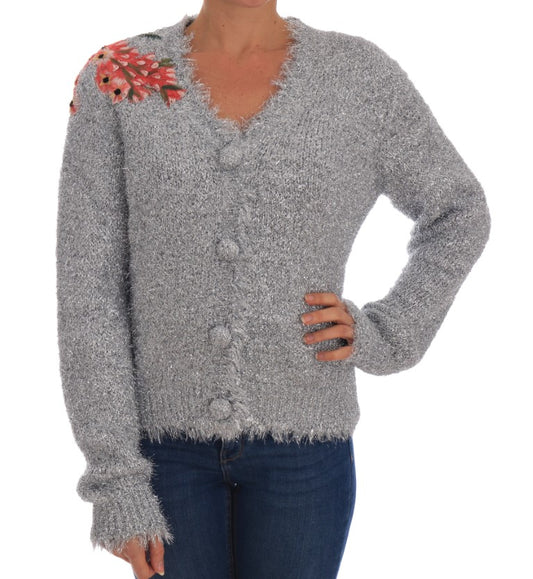 Dolce & Gabbana Silberne Strickjacke mit Blumenapplikation Pullover
