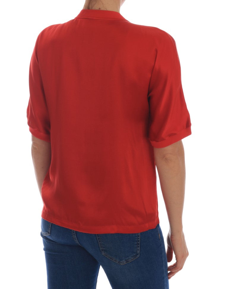 Dolce & Gabbana Rote Seidenbluse mit Orangenblüten und Kristall