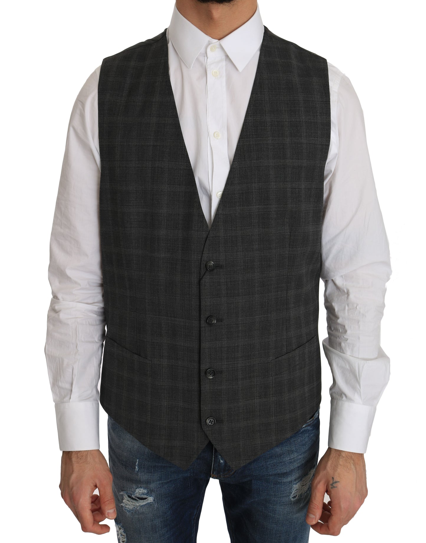 Dolce & Gabbana Graue Wolle STAFF Karierte Stretch-Weste