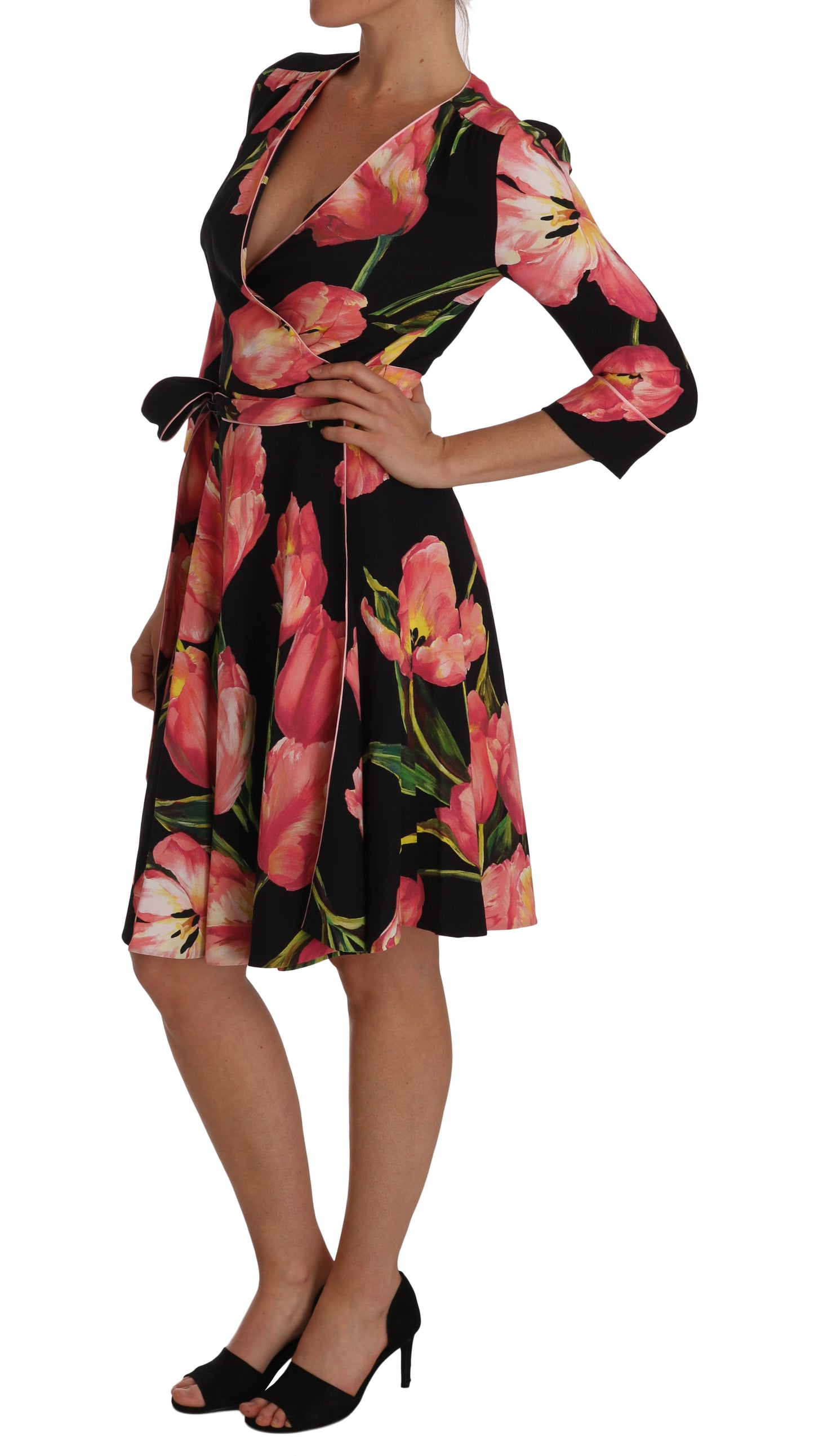 Dolce & Gabbana Schwarz-rosa Tulpenprint Stretch-Shiftkleid