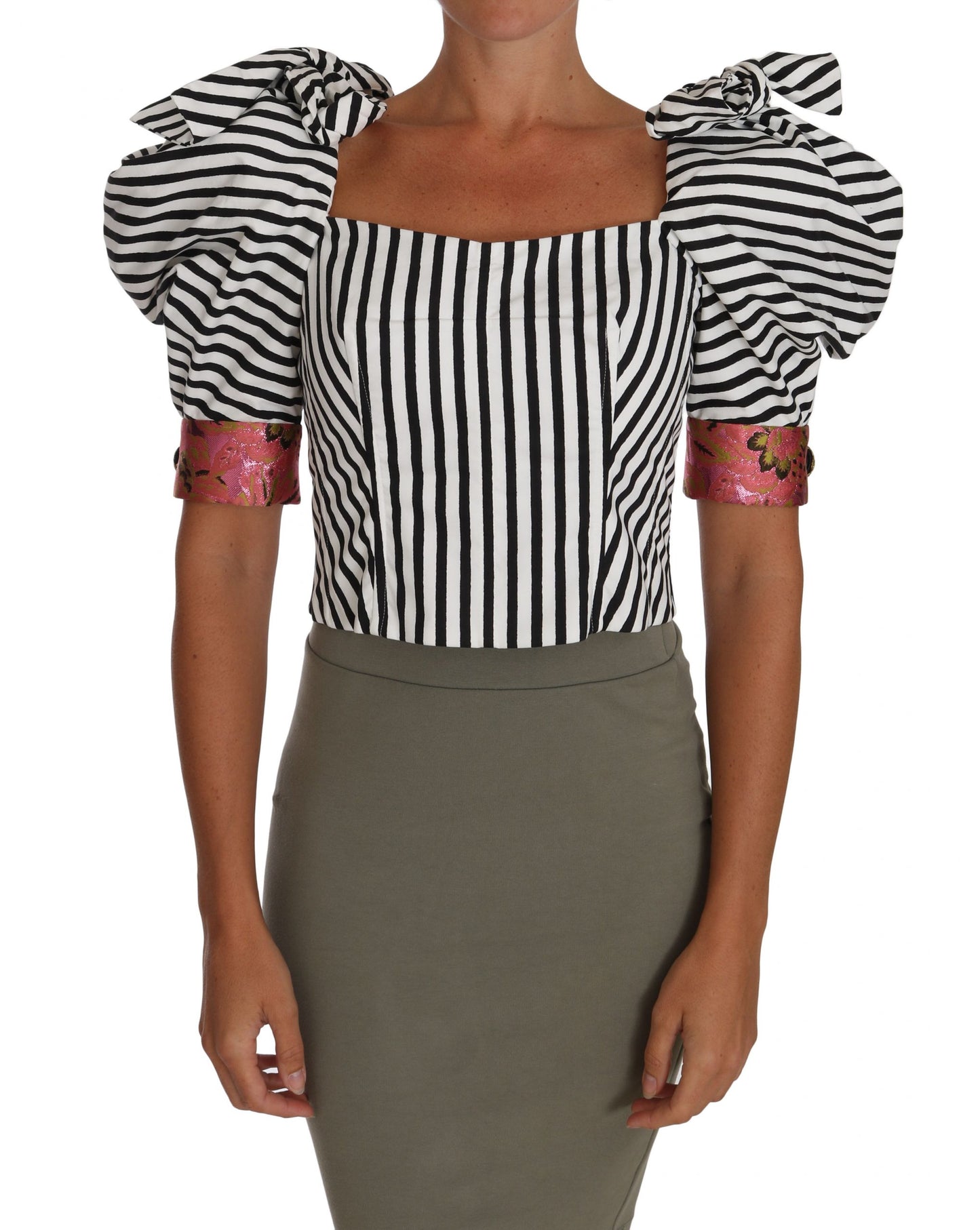 Dolce & Gabbana Weiß Schwarz Gestreiftes Cropped Top Puffärmel Hemden