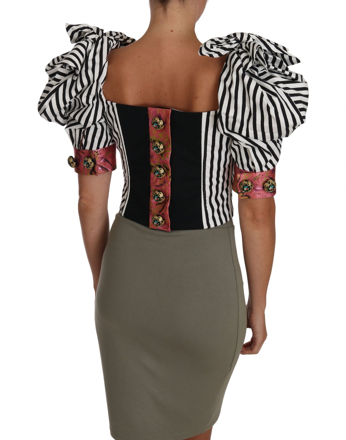 Dolce & Gabbana Weiß Schwarz Gestreiftes Cropped Top Puffärmel Hemden