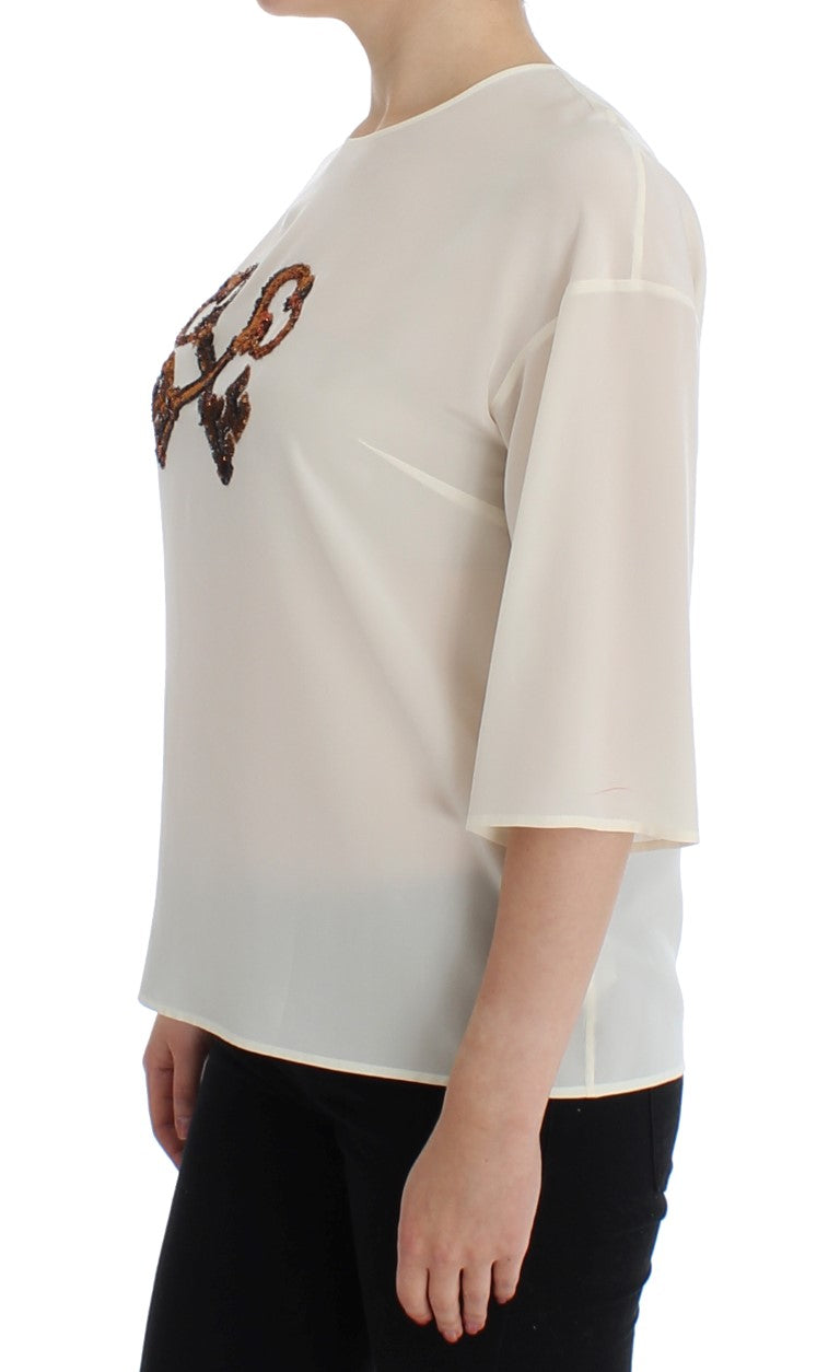 Dolce & Gabbana Weiße Pailletten-Schlüssel-Seidenbluse T-shirt Top