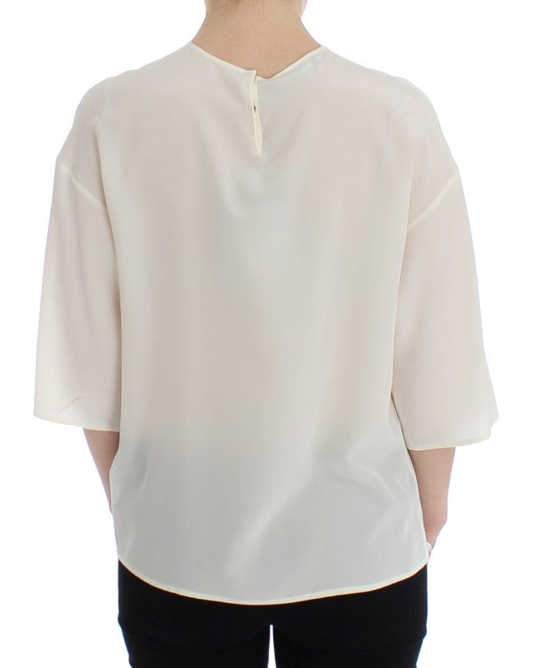 Dolce & Gabbana Weiße Pailletten-Schlüssel-Seidenbluse T-shirt Top