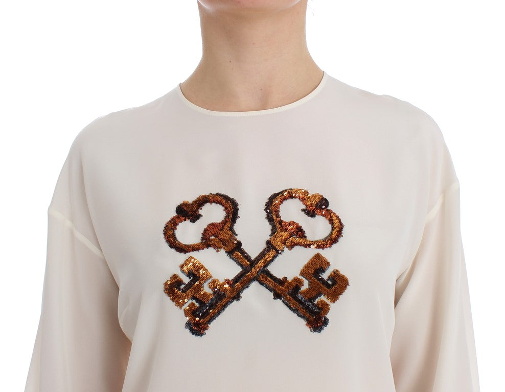 Dolce & Gabbana Weiße Pailletten-Schlüssel-Seidenbluse T-shirt Top
