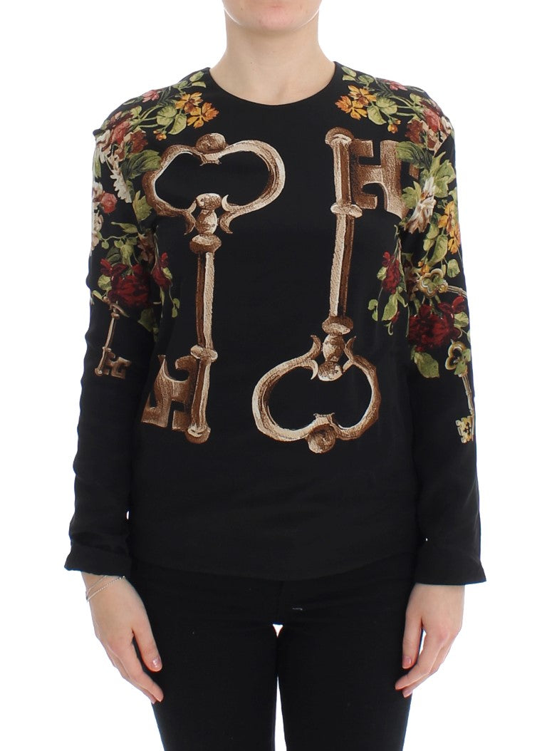 Dolce & Gabbana Schwarzes Seidenblusentop mit Blumendruck