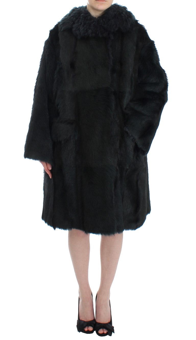 Dolce & Gabbana Schwarzer Ziegenpelz Shearling Lange Jacke Mantel