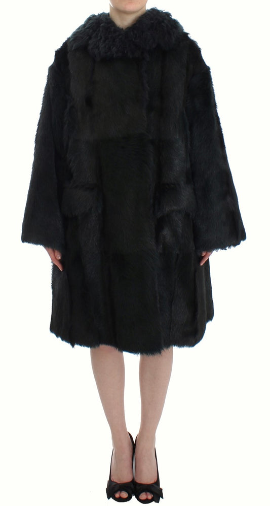 Dolce & Gabbana Schwarzer Ziegenpelz Shearling Lange Jacke Mantel
