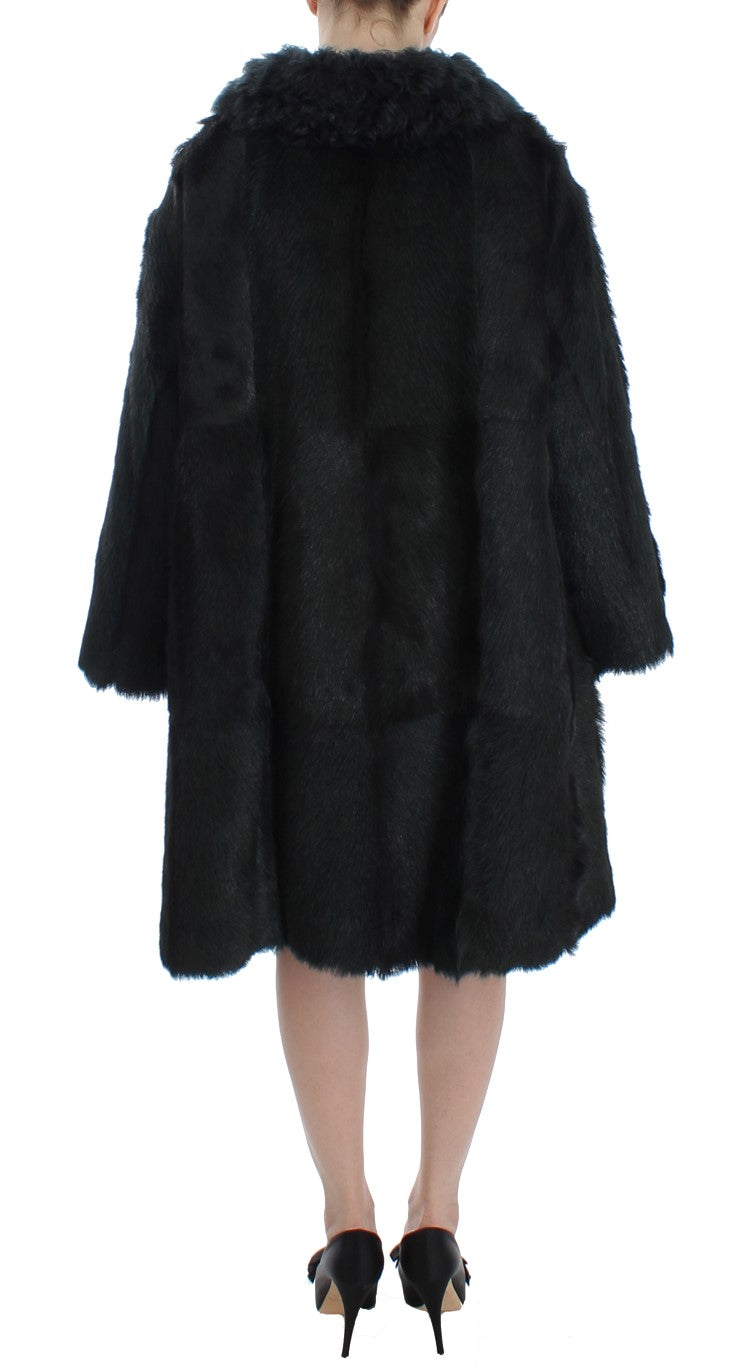 Dolce & Gabbana Schwarzer Ziegenpelz Shearling Lange Jacke Mantel
