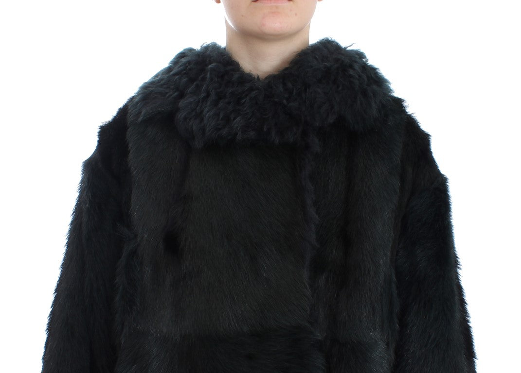 Dolce & Gabbana Schwarzer Ziegenpelz Shearling Lange Jacke Mantel