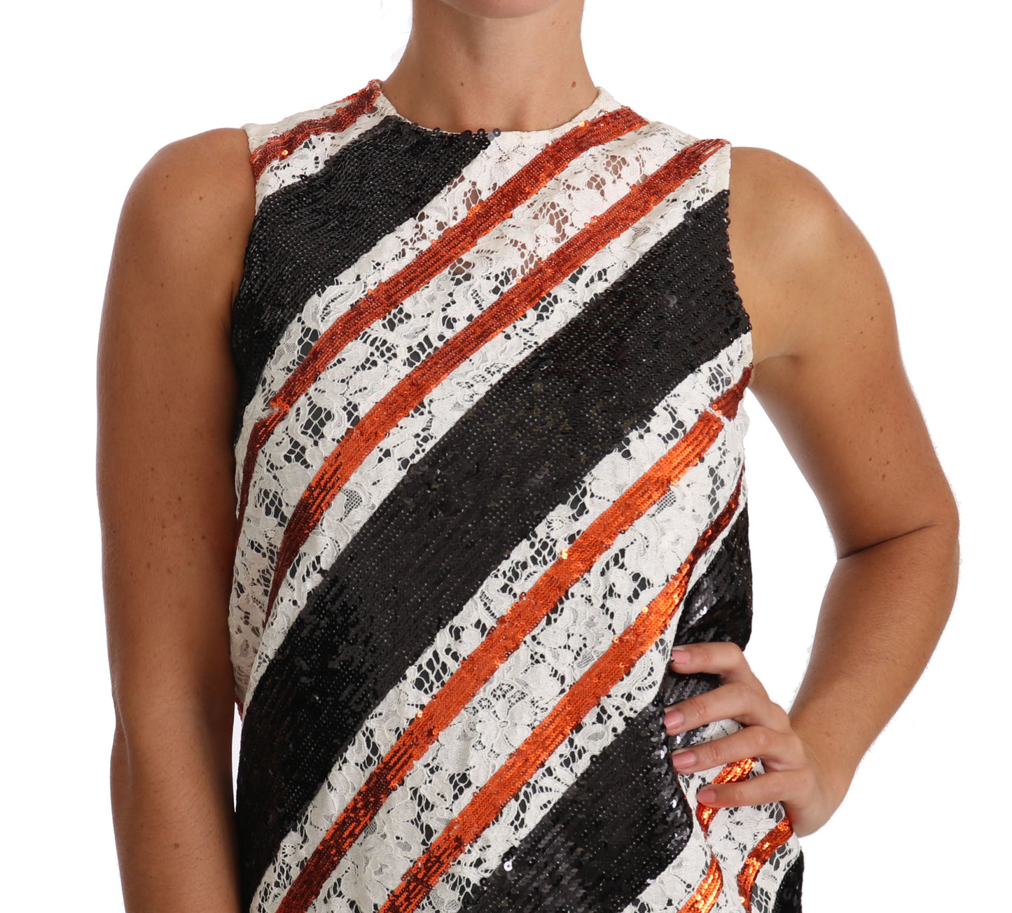 Dolce & Gabbana Weißes und orangefarbenes Sequin Kleid mit floraler Spitze und Verzierungen