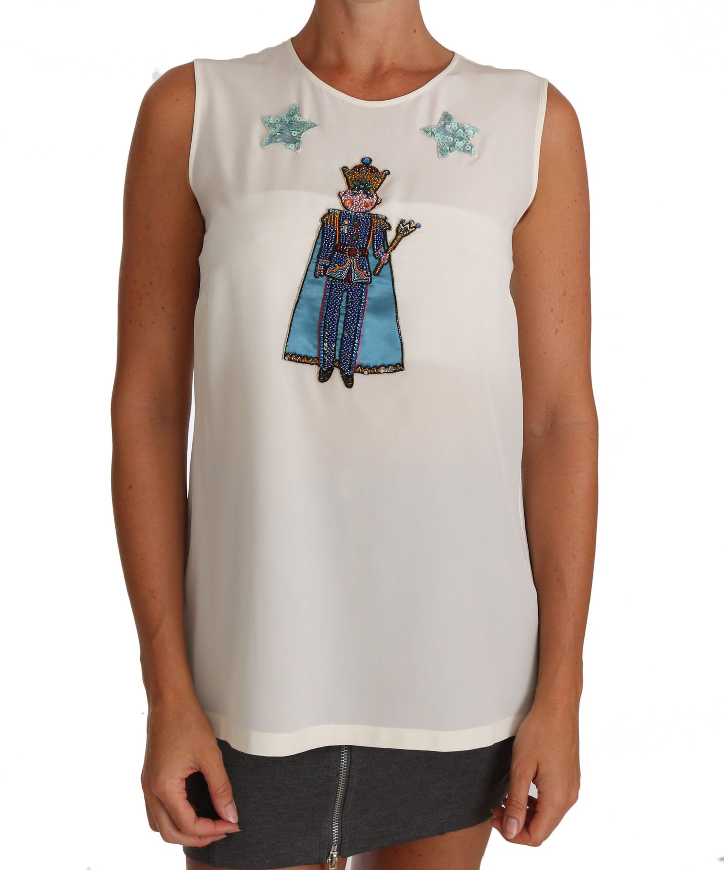 Dolce & Gabbana Weißes Seiden-Kristall-Pailletten-Fee-T-Shirt
